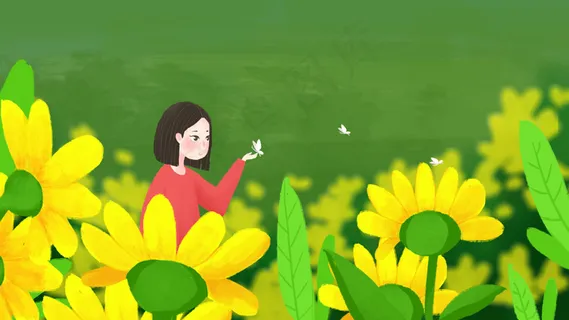 花丛中的少女和蝴蝶