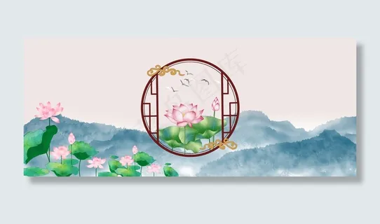 复古中国风六月荷花风景图 复古中国风六月荷花风景图