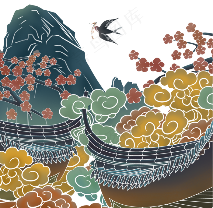 祥云树枝桃山,免抠元素(2000X1952(DPI:300))psd模版下载