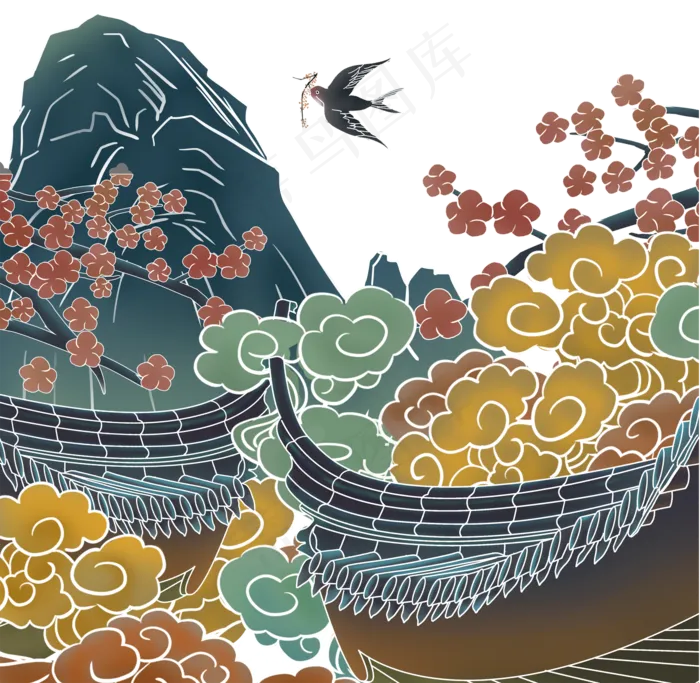 祥云树枝桃山,免抠元素(2000X1952(DPI:300))psd模版下载