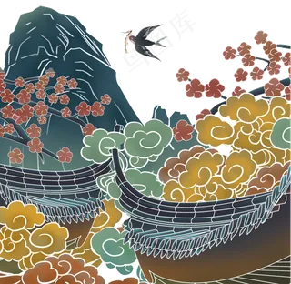 祥云树枝桃山,免抠元素