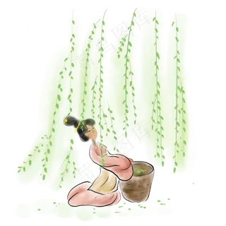 柳树下的古代少女,免抠元素