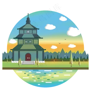 中国风塔山水风景建筑节气装饰P