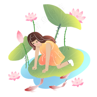 大暑坐在荷叶上看鱼的女孩素材