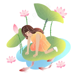 大暑坐在荷叶上看鱼的女孩素材