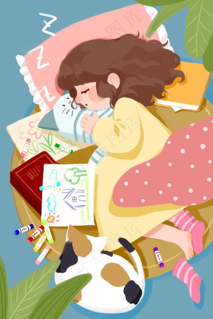 春天春困卷发女孩睡觉配图