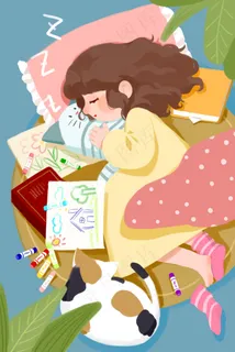 春天春困卷发女孩睡觉配图