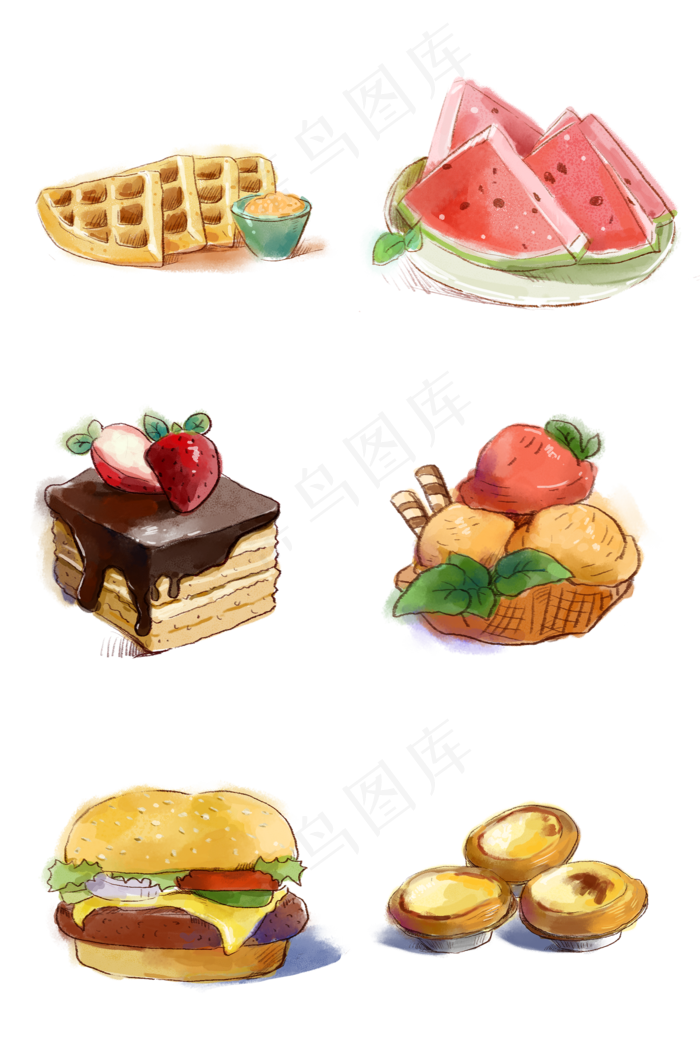 手绘水彩各种食物