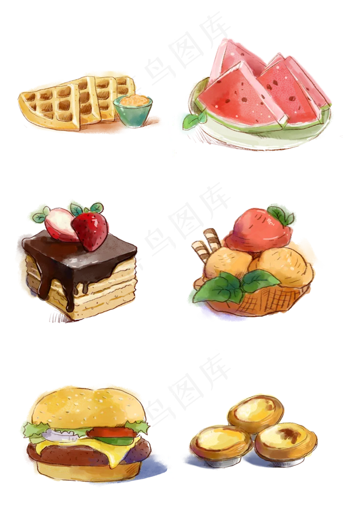 手绘水彩各种食物(2000X3020(DPI:300))psd模版下载