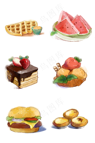 手绘水彩各种食物