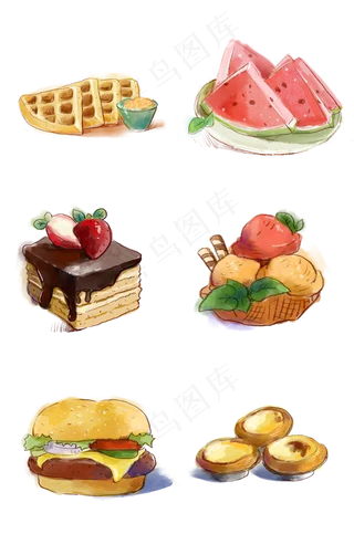 手绘水彩各种食物