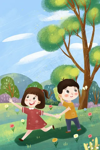 两个小朋友清明踏青游玩小清新