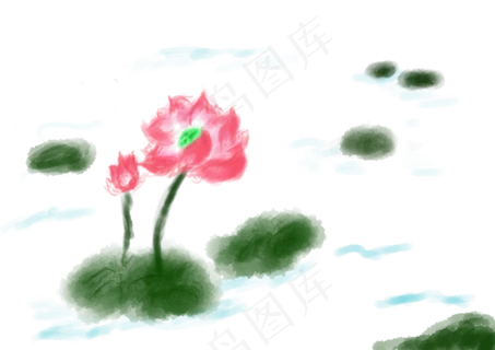 一池塘彩色水墨荷花