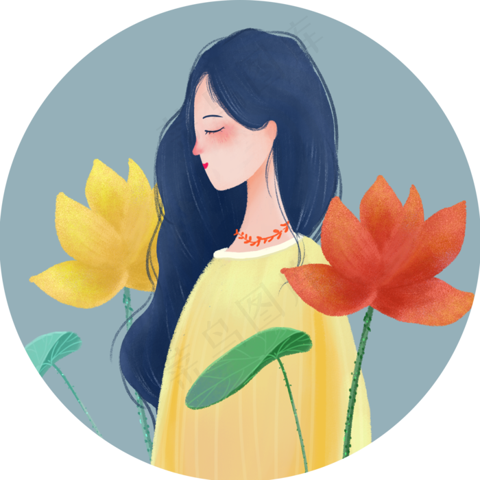 夏天手绘荷花荷叶卡通女孩