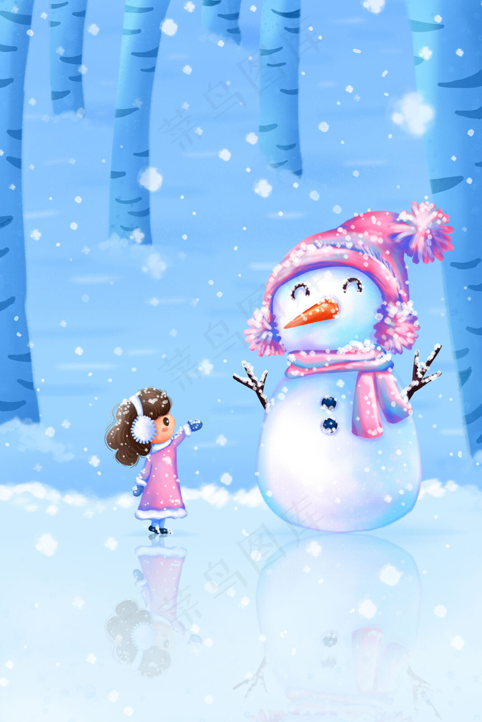 二十四节气小寒冬天下雪雪人女孩(3545*5315px 300 dpi )psd模版下载