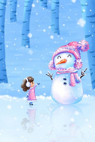 二十四节气小寒冬天下雪雪人女孩