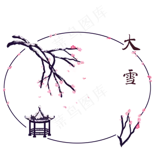 卡通手绘二十四节气大雪边框亭子,免抠元素