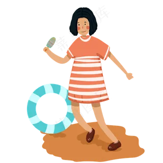 夏季沙滩上吃冰淇淋的女孩