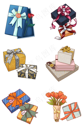 手绘精美礼盒组图PNG免抠素材