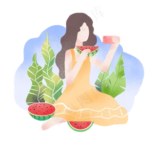 立夏吃西瓜的小女孩