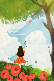 夏景春天清新唯美治愈手绘花与少女云彩大树