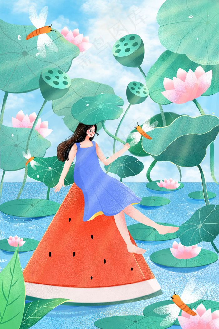清凉夏天户外荷叶池赏景的可爱女孩