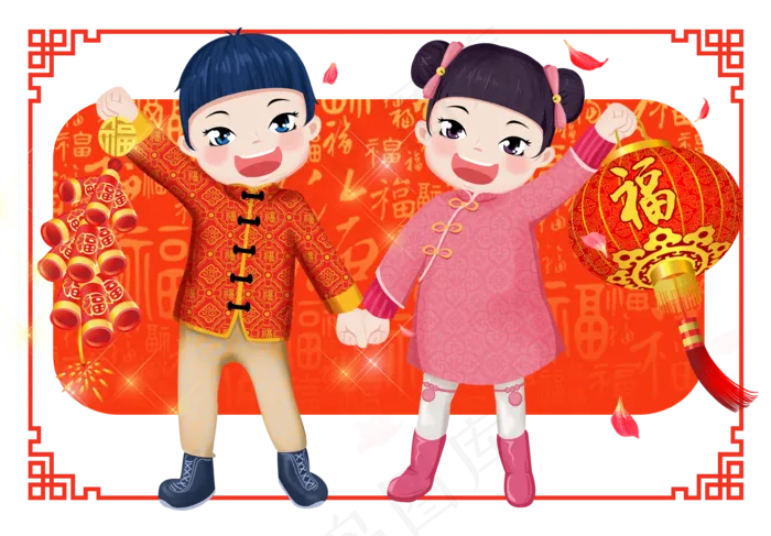 卡通扁平化中国拜年福娃东北男孩,免抠元素
