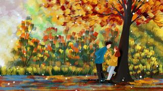 鲜艳色彩树下情侣温馨风景