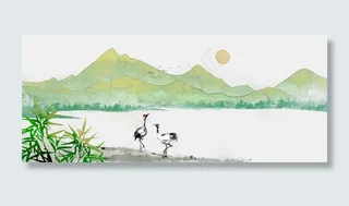 鹤唳翠湾水墨画中国风山水PNG素材,免抠元素