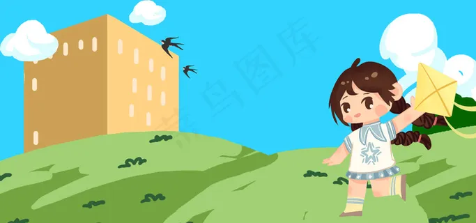 春分节气小女孩放风筝卡通可爱banner 春分节气小女孩放风筝卡通可爱banner