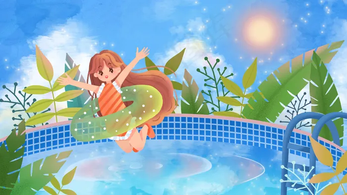 夏天夏日清凉泳池跳水游泳女孩(2880*1620px 300 dpi )psd模版下载