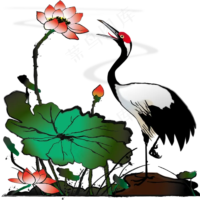 手绘中国风水墨仙鹤丹顶鹤荷花荷,免抠元素ai矢量模版下载