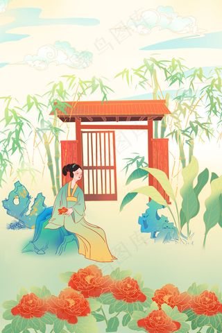 古风女子赏花牡丹