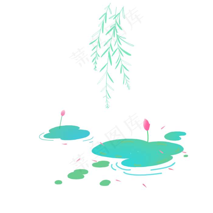 绿色清新柳树小荷荷叶小鱼