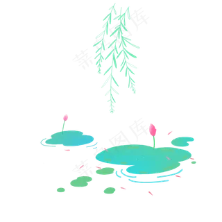 绿色清新柳树小荷荷叶小鱼