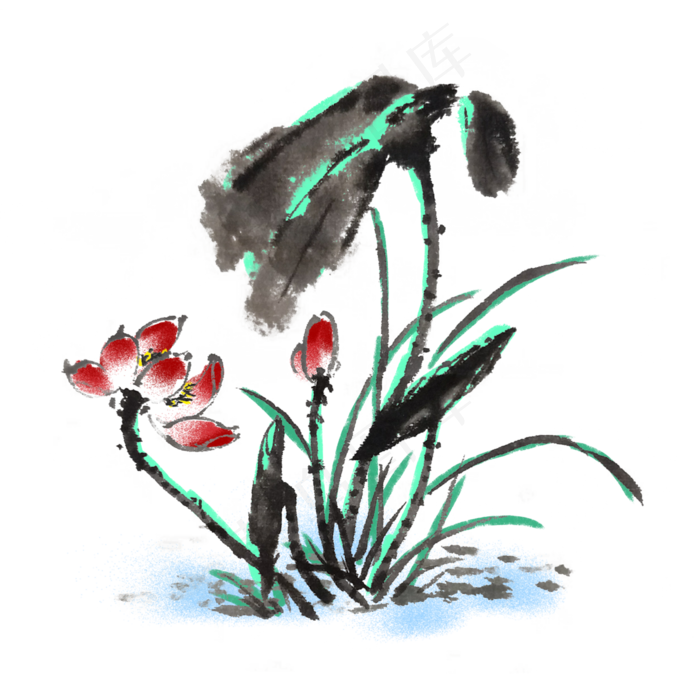 荷叶水墨风手绘插画