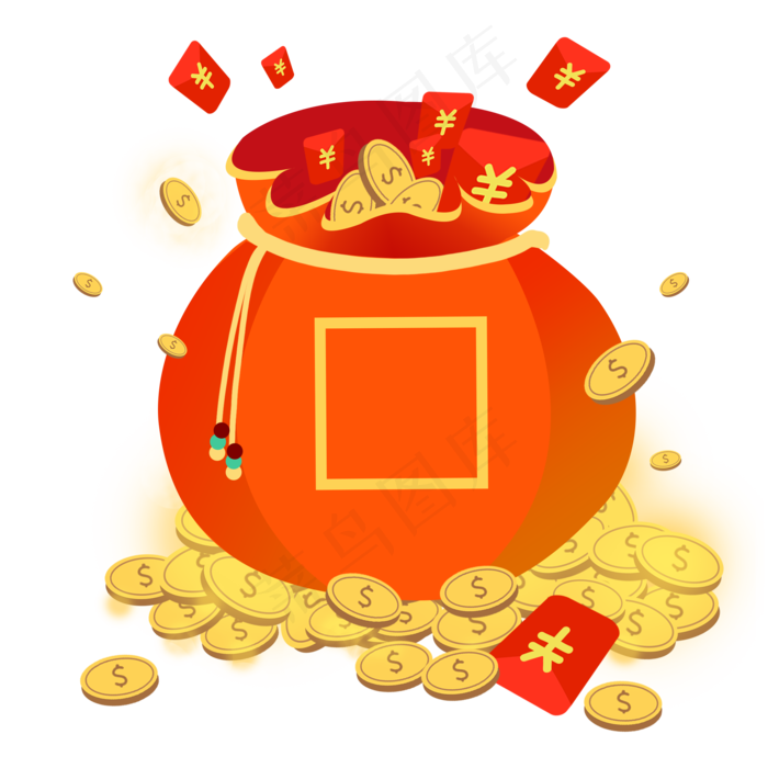 新年红色系扁平商业福袋金币红包,免抠元素