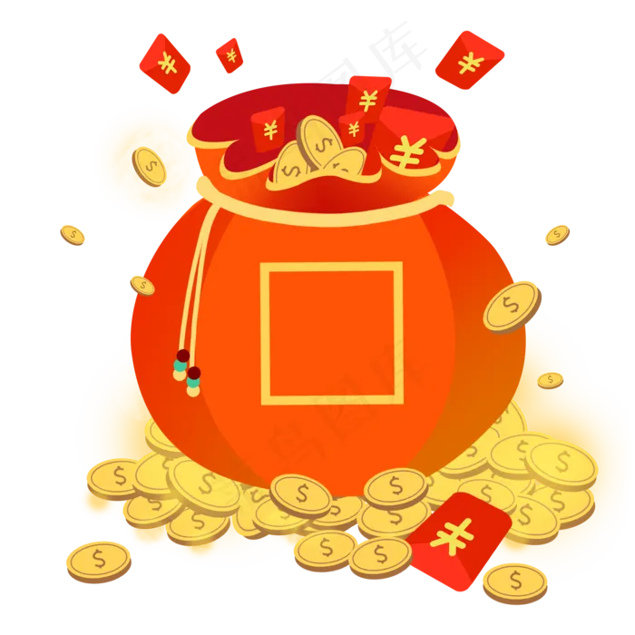 新年红色系扁平商业福袋金币红包,免抠元素(2100*2100px)psd模版下载