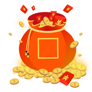 新年红色系扁平商业福袋金币红包,免抠元素