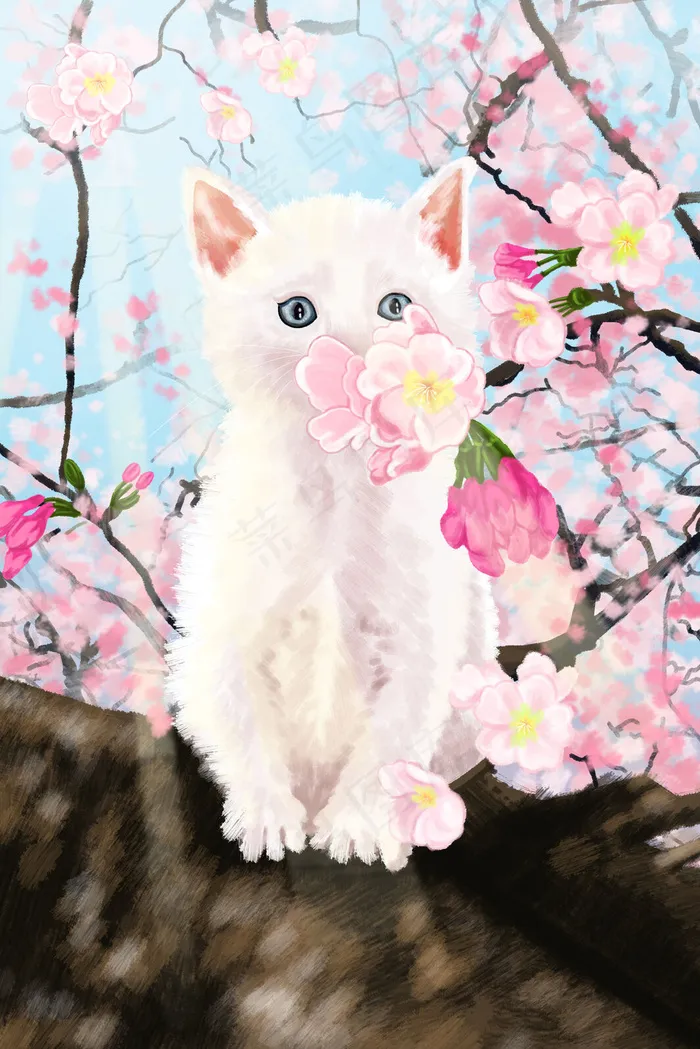 春天春季樱花桃花猫咪(3545X5315(DPI:300))psd模版下载