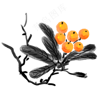 水墨树枝上的黄色柿子