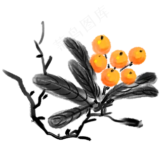 水墨树枝上的黄色柿子