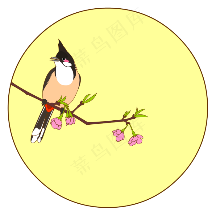 中国风花鸟圆形边框红耳鹎矢量免,免抠元素(2920*2920px 300 dpi )eps,ai矢量模版下载