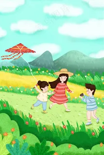 五一小长假卡通小清新一家人外出游玩放风筝