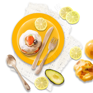 餐桌布上的美食早餐小蛋糕与面包,免抠元素