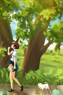 春天夏至清新唯美治愈大树少女小猫花卉节气