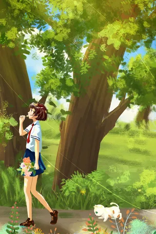 春天夏至清新唯美治愈大树少女小猫花卉节气