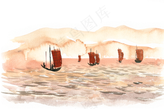 丰收归来帆船水彩画PNG免抠素材