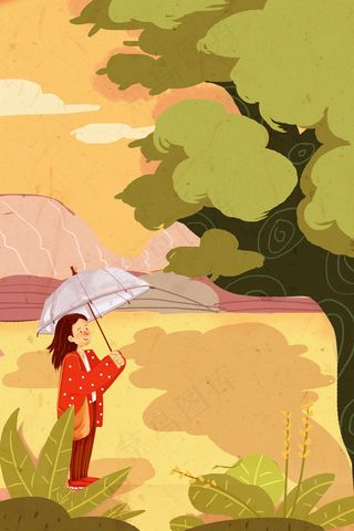 春天唯美打伞的小女孩