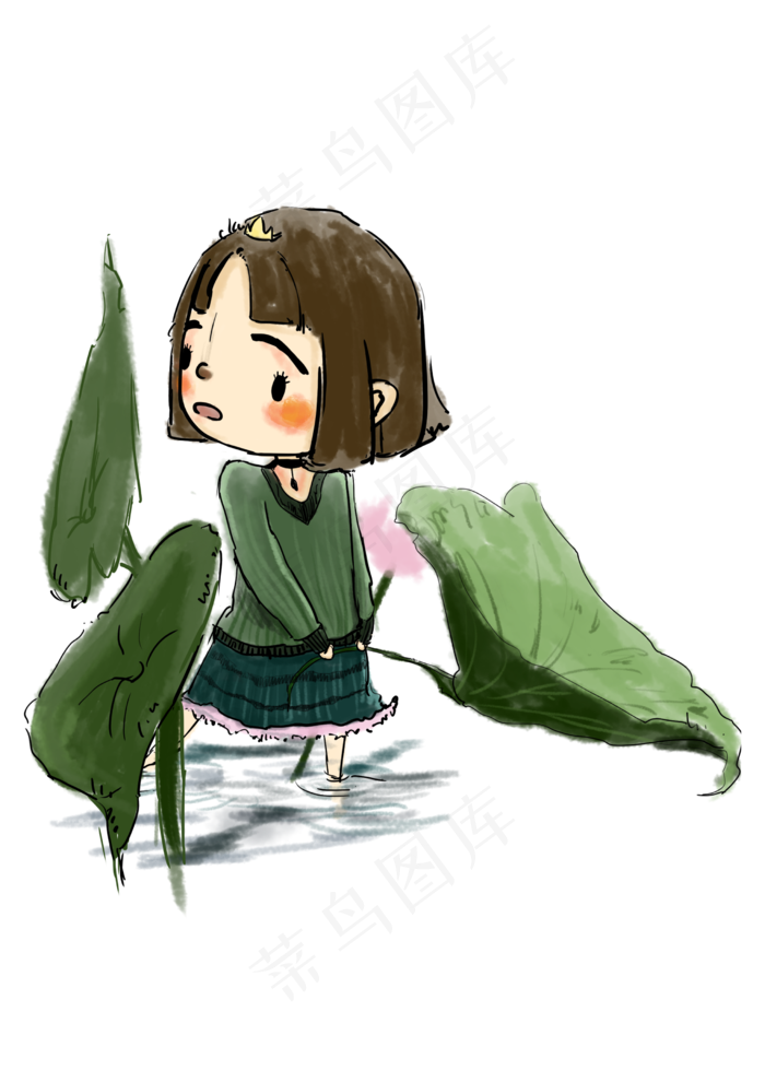 卡通可爱拿荷叶的少女免抠图